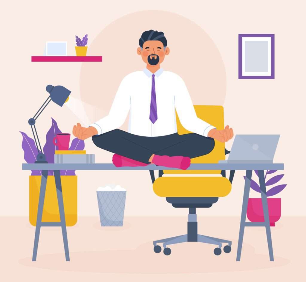 Man meditating cross-legged on office desk in work attire, surrounded by office items and plants.