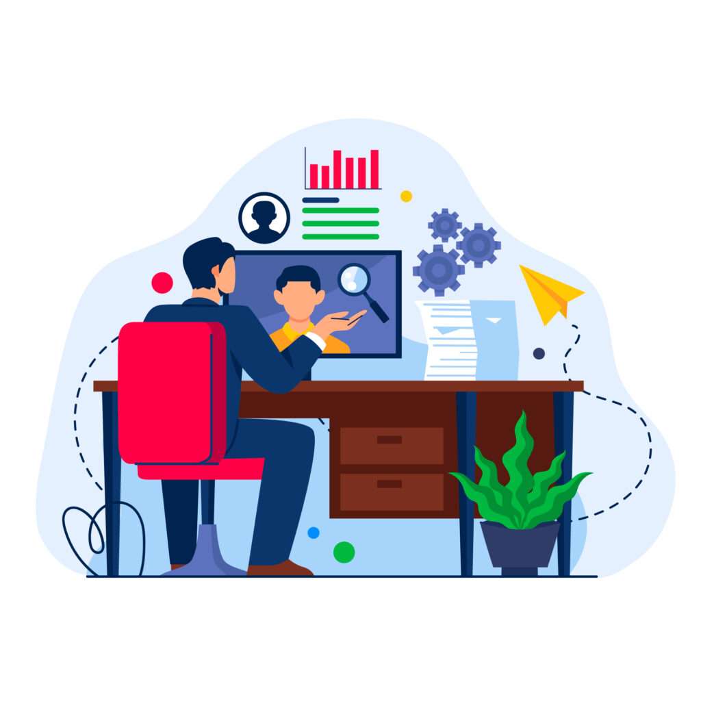 Man reviewing a candidate's profile on a computer at his office desk.