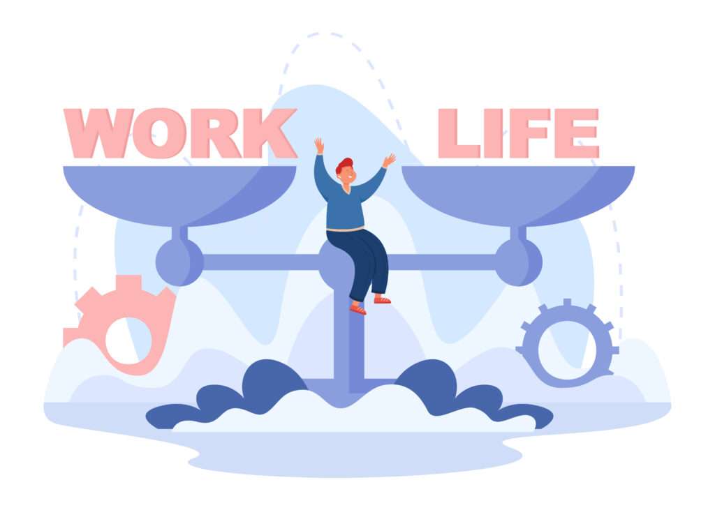 Man happily balancing on scales labeled "Work" and "Life.